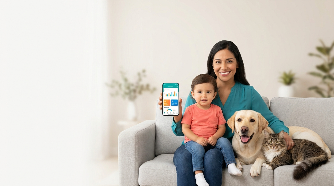 Familia registrando las vacunas de sus hijos y mascotas en Vacúnate Ya